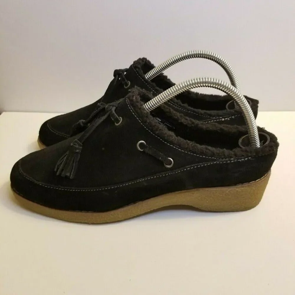 Lands End Womens Size 9 (B) Black Slip On Clog Sueded Sherpa Lined Shoes 432806